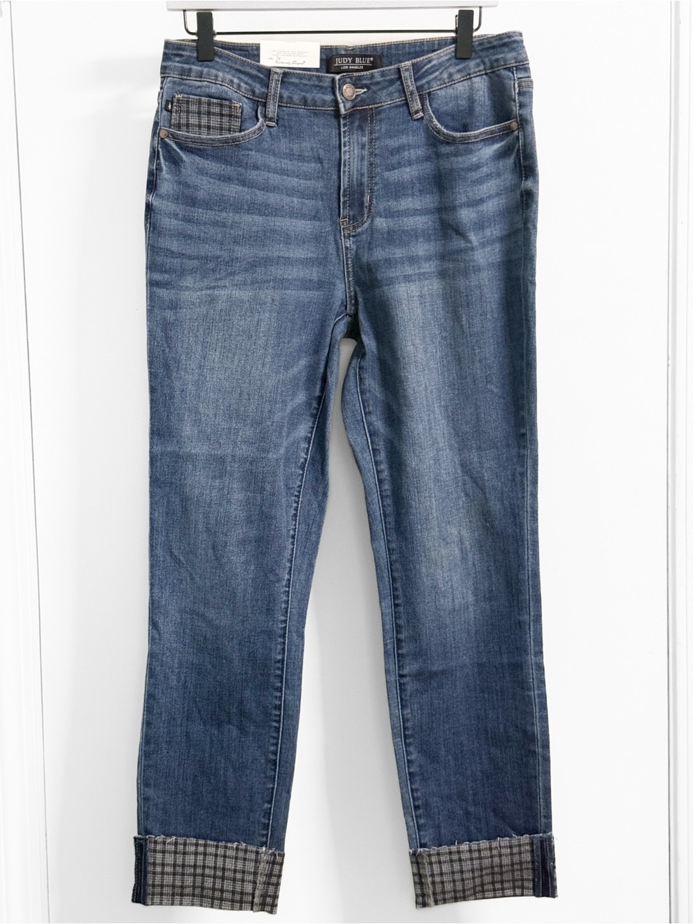 Judy Blue NWT Slim Fit Jeans 9/29 Medium Wash Plaid Cuff Stretch Denim